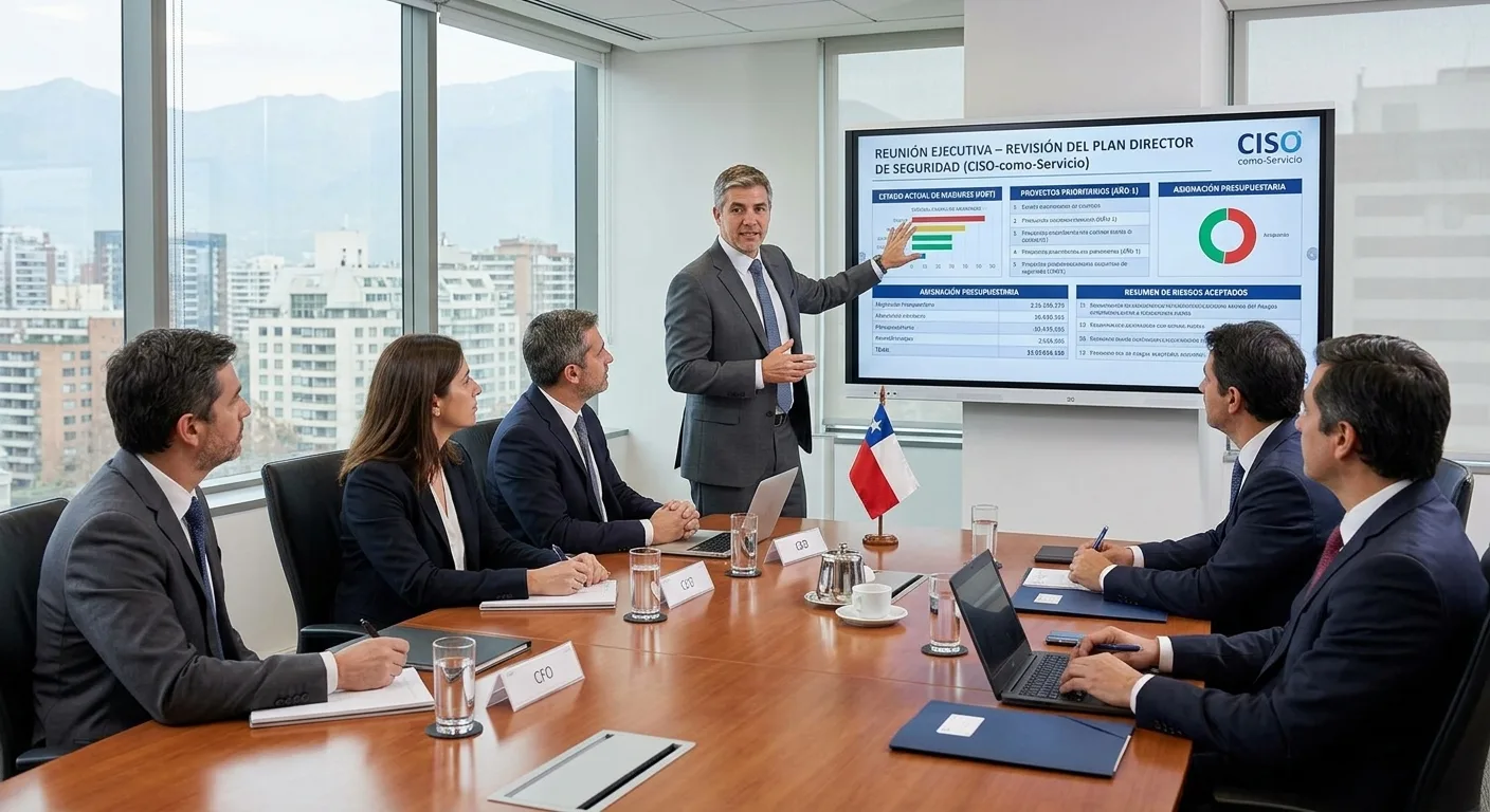 Reunión ejecutiva revisando un plan director de seguridad de la información