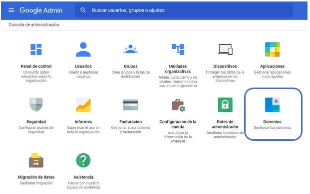 Panel de administración de cuentas de Google Workspace
