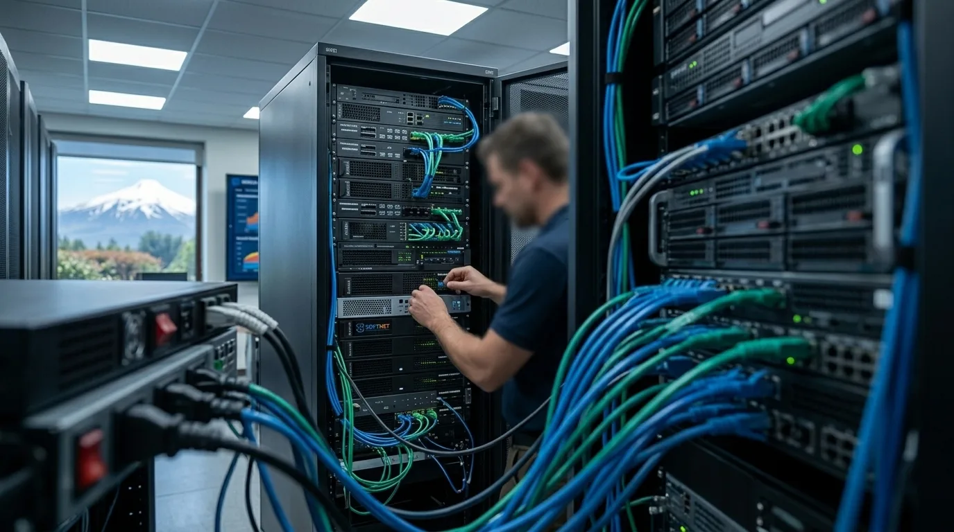 Técnico configurando un servidor en un rack