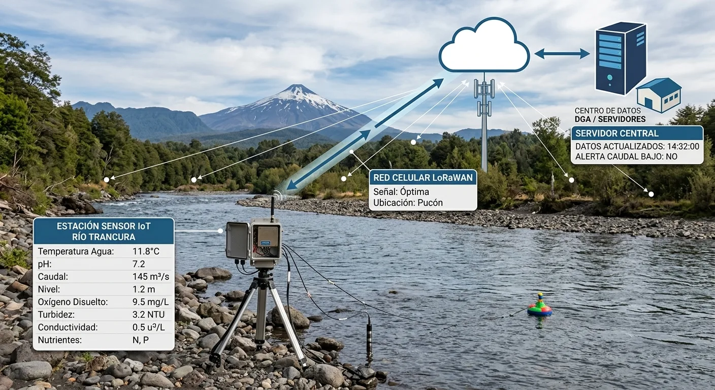 Sensor IoT de medición instalado junto a un río