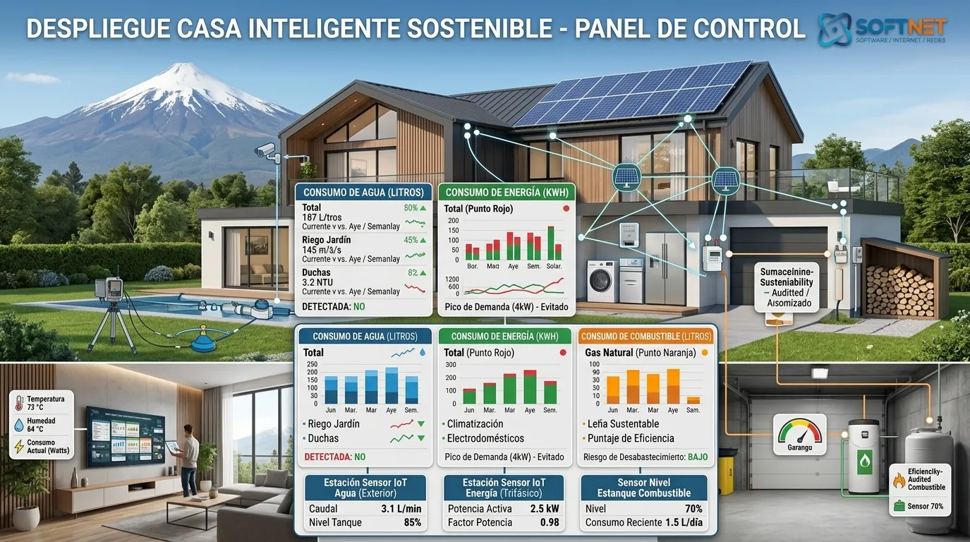 Dashboard con indicadores de consumo de agua, energía y combustible